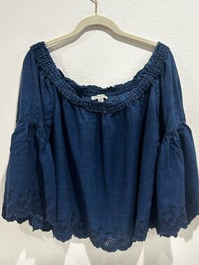 American Eagle Outfitters Navy Embroidered Off-Shoulder Peasant Top